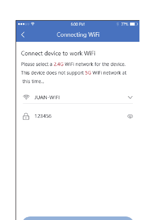 صفحه اتصال WiFi — یک شبکه WiFi 2.4G انتخاب کرده و رمز عبور را وارد کنید