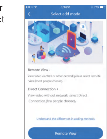 صفحه انتخاب حالت افزودن با گزینههای Remote View و Direct Connection