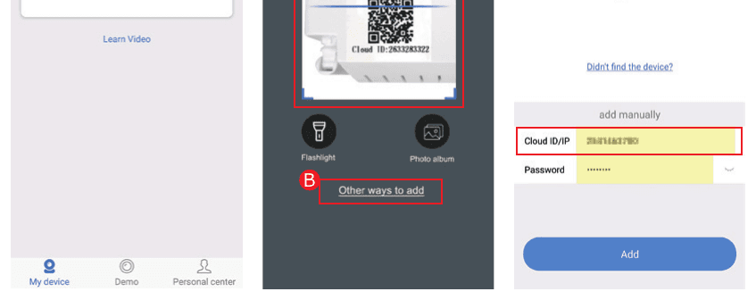 アプリでCloud IDをスキャンまたは入力してデバイスを追加する
