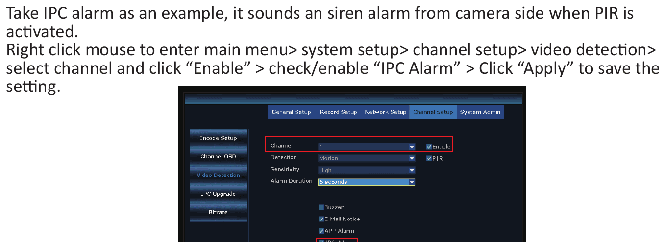 IPC Alarmを有効にしたVideo Detectionのチャンネル設定