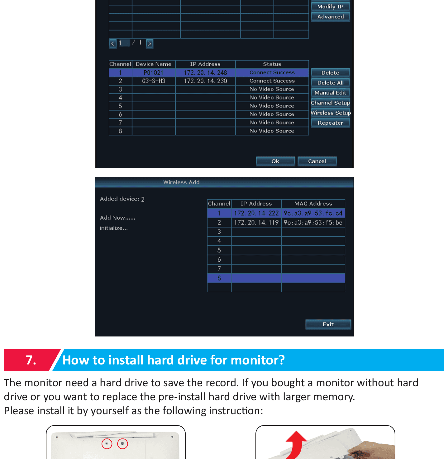 モニター上のVideo ManageとWireless Add画面