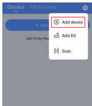 App home screen with the Add device menu open