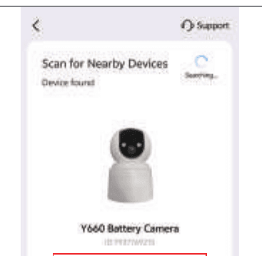 Scan for Nearby Devices screen showing the detected Y660 Battery Camera